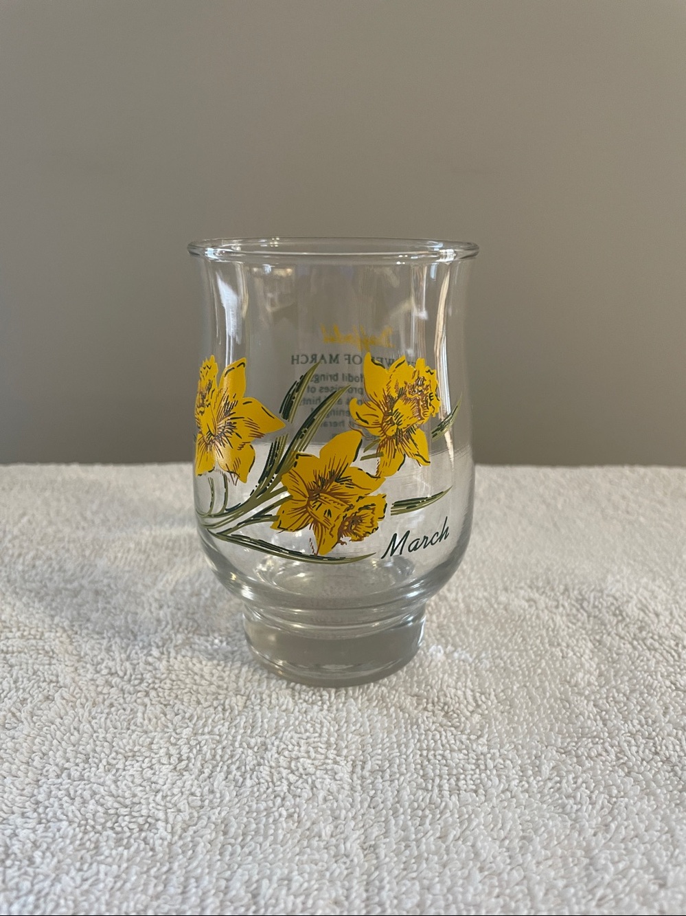Vintage March Daffodil Birthday Glass, Curved w Pedestal, Transfer, Poem